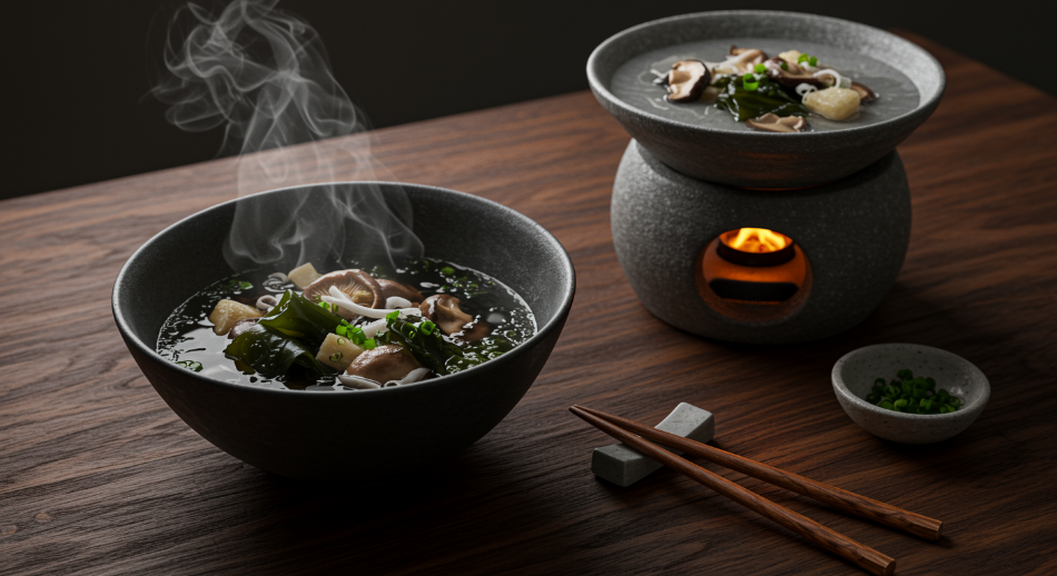 Brodo d'ossa con funghi Shiitake e alga Kombu